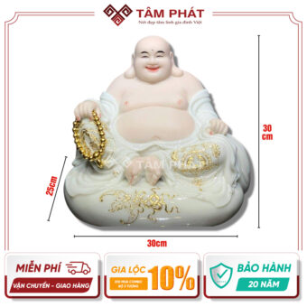 Tượng Phật Di Lặc Đá Màu Trắng Viền Vàng DL-7931