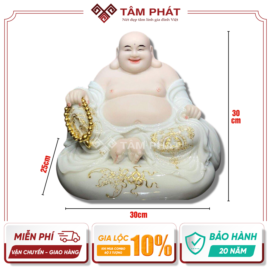 Tượng Phật Di Lặc Đá Màu Trắng Viền Vàng DL-7931