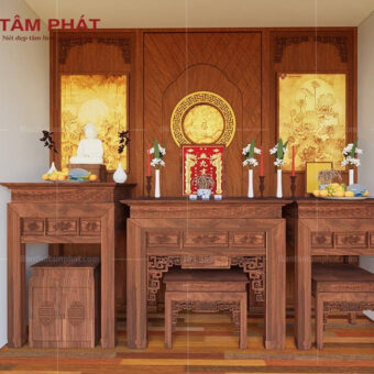 Phòng thờ lớn gồm 3 bàn đứng trang trí ốp hậu đẹp BT-1054