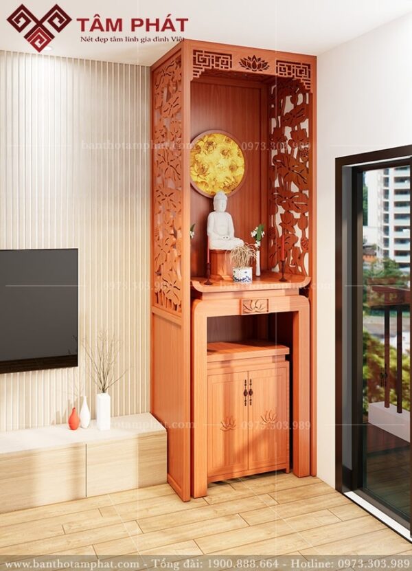 Phương án thiết kế phòng thờ hiện đại kèm vách ngăn kín đáo.