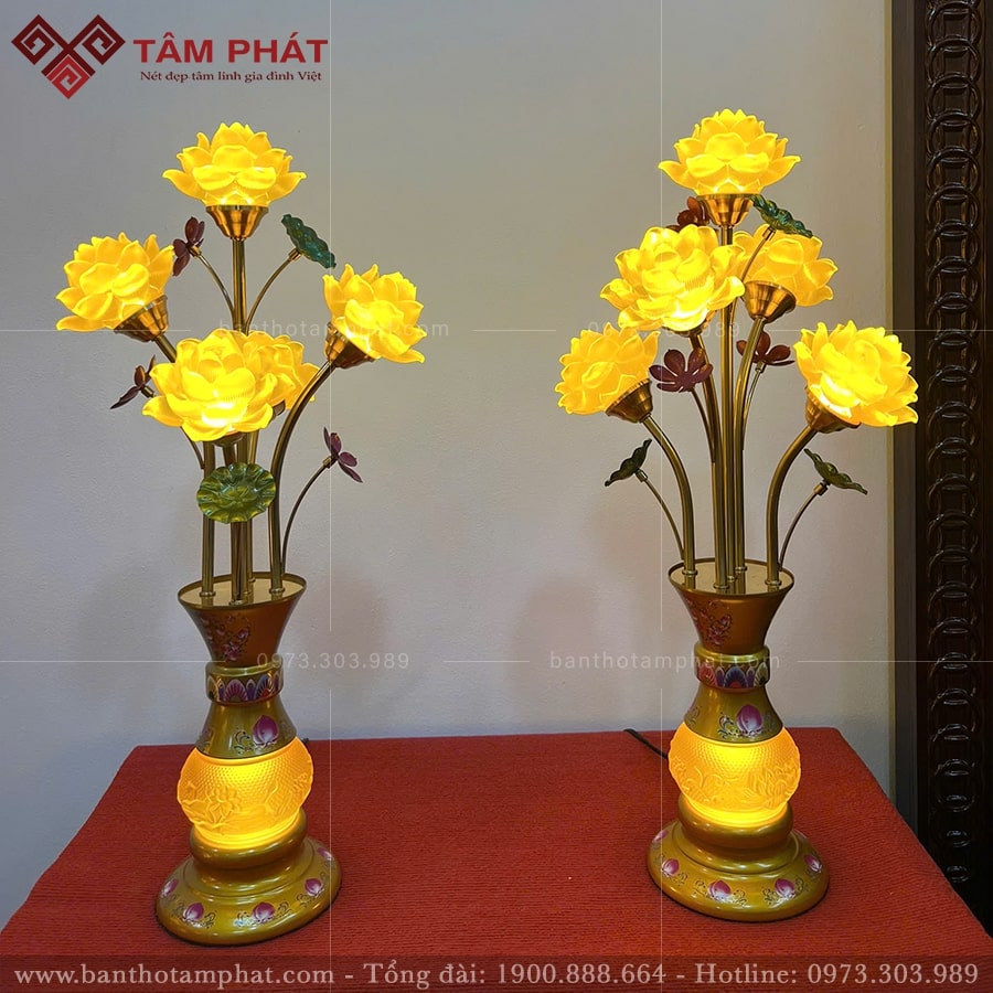 Đèn thờ hoa sen lưu ly 5 bông sang trọng mẫu ĐEN-002
