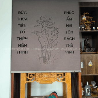Rèm che bàn thờ bằng vải mẫu câu đối REM-0075