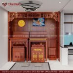 Phòng thờ kết hợp 3 bàn thờ Phật + Gia Tiên + Thần Tài sang trọng.