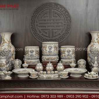Bộ đồ thờ bát hương men rạn Bát Tràng cho bàn thờ gia tiên MS-011